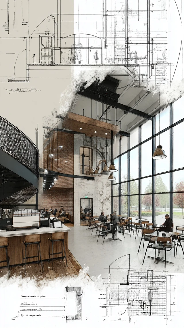Modern Industrial Cafe Interior Design Drawing
