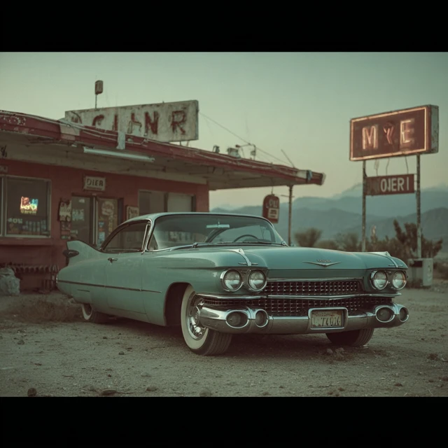 Vintage Cadillac at Diner Golden Hour Aesthetic