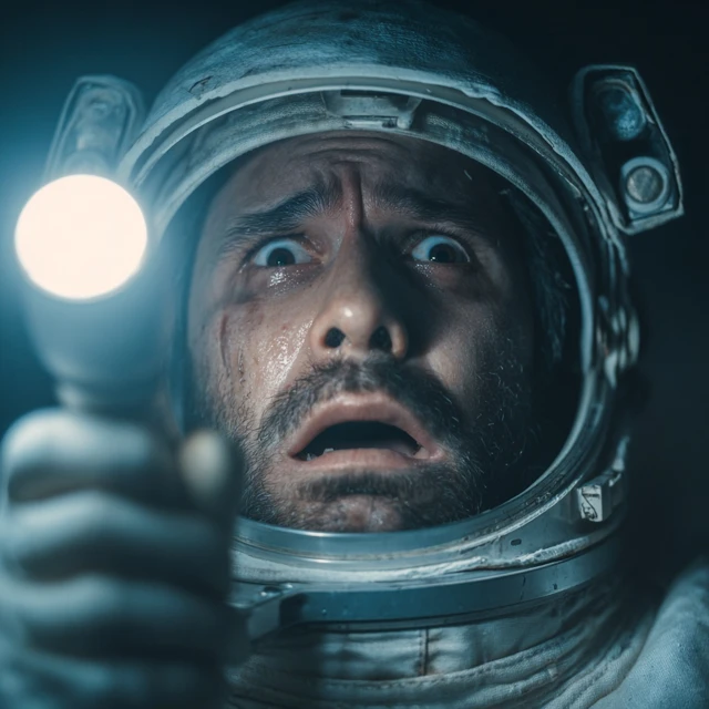 Horrified Spaceman with Flashlight