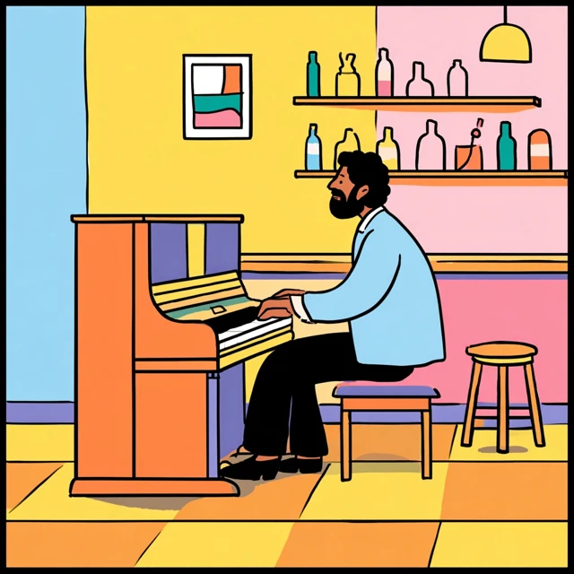 Cartoon Piano Player in a Bar Bright Colors
