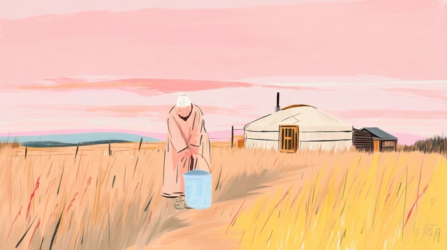 Mongolian Yurt Scene Mother and Bucket