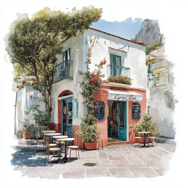 Capri Cafe Watercolor Art Vintage Village Scene