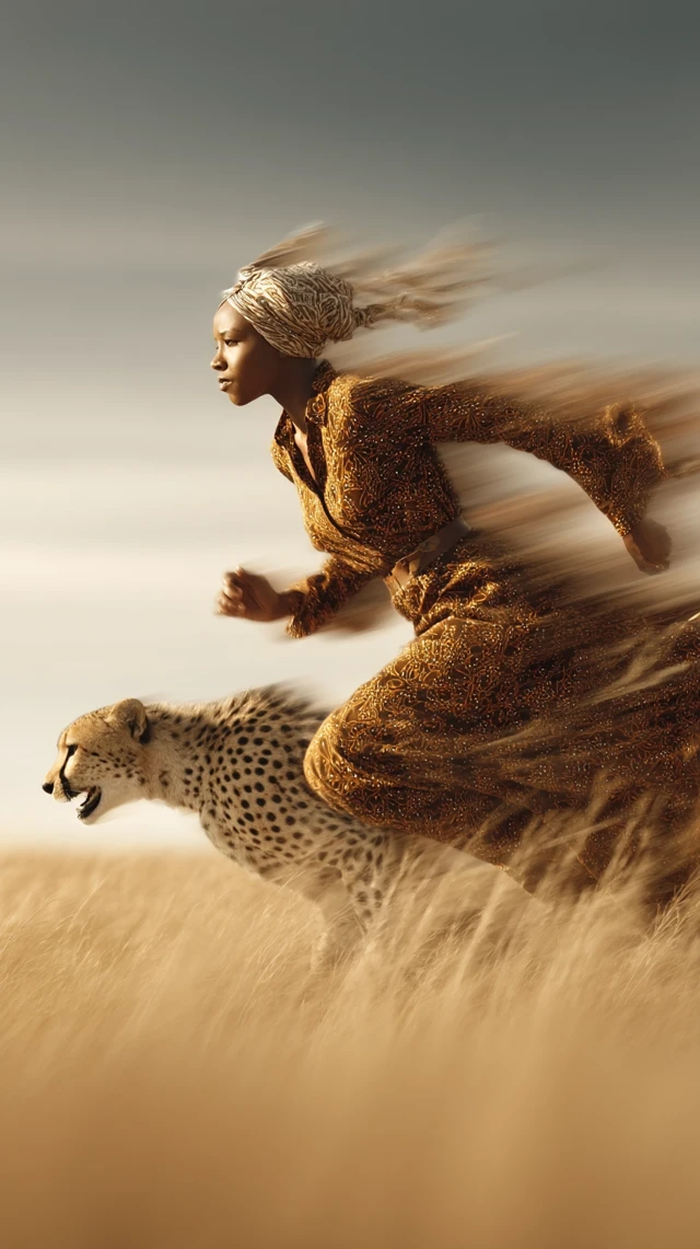 Cheetah and Woman: Power Unleashed on Golden Plains