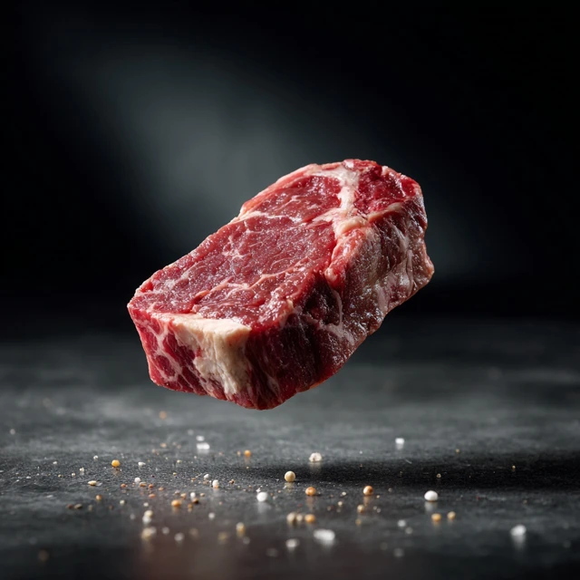Floating Beef Steak on Black Background Photography