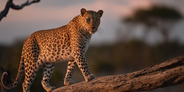 African Leopard Walking Across Branch Golden Hour