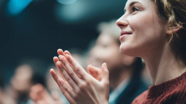 Smiling woman clapping for someone else