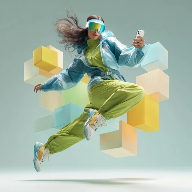 Sportswear Model Jumping with Phone 3D Pastel Background