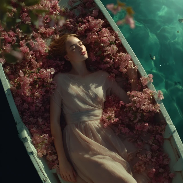 Dreamy Romantic Scene Woman in Boat Flowers