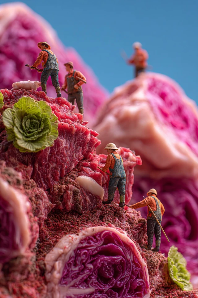 Miniature Chinese Farmers on Meat Mountains