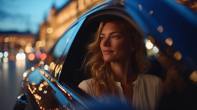 Luxury Car at Night Woman in City Cinematic View