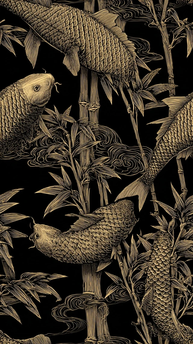 Oriental Engraving Carp Bamboo Black Background