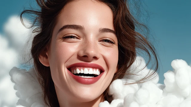 Smiling Woman with White Teeth in Sky Clouds