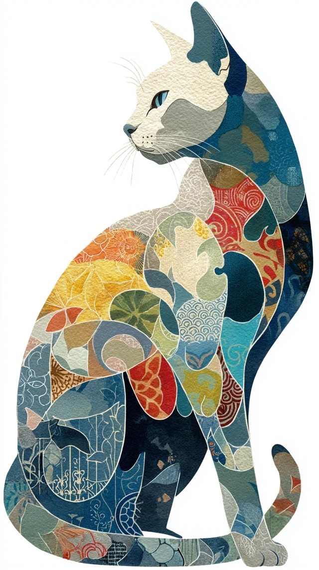 Watercolor Cat Illustration with Japanese Patterns