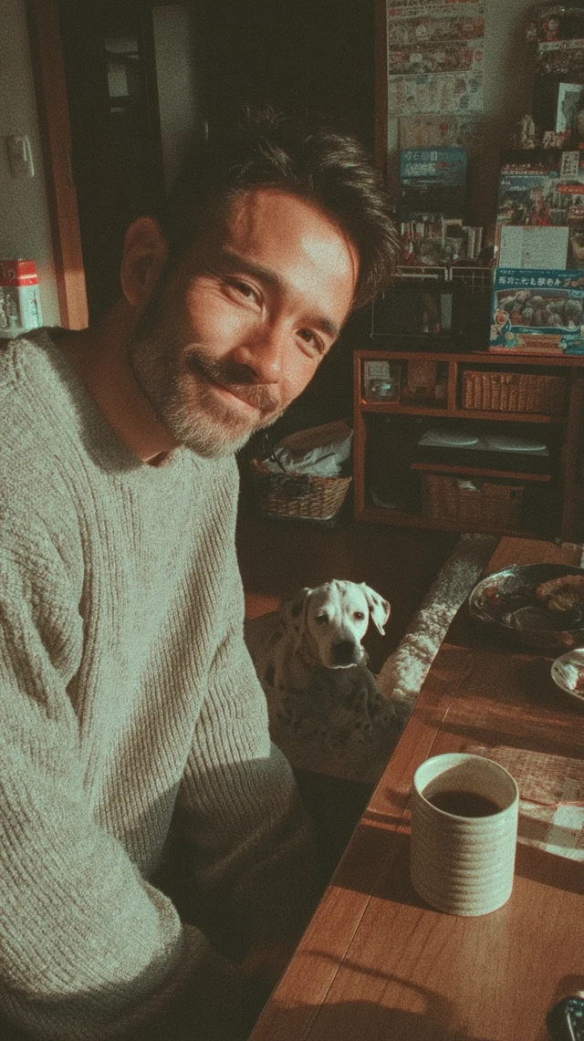 Man with Dog and Coffee in a Cozy Room
