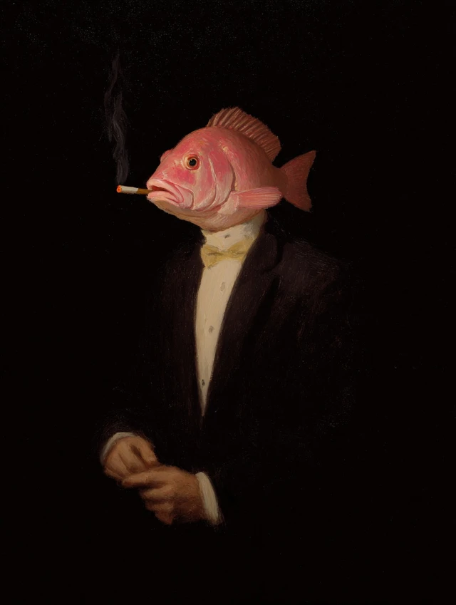 Elegant Oil Painting Pink Fish Smoking