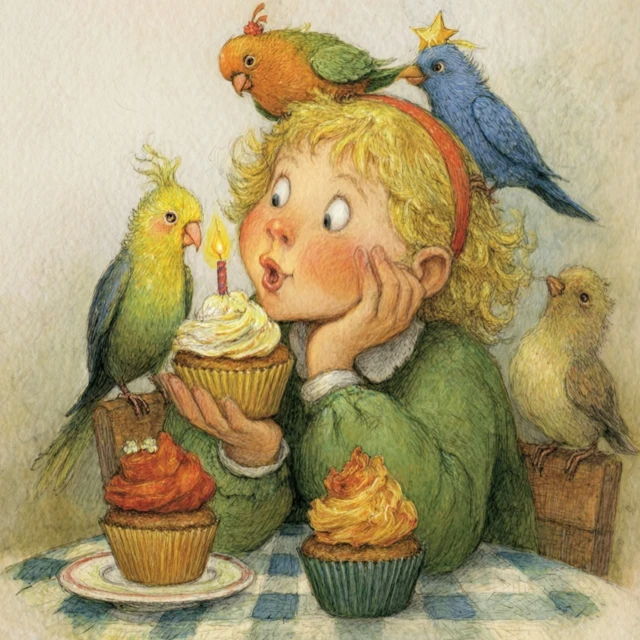 Cute Girl Blowing Candle on Cupcake Illustration