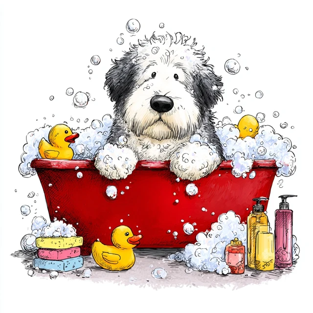 Old English Sheepdog in a Bubble Bath Clipart