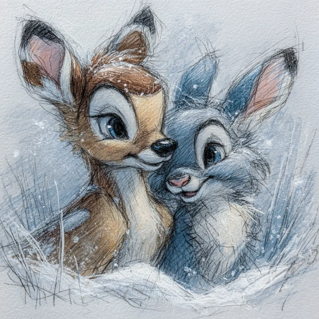 Bambi and Thumper in the Snow Pencil Sketch