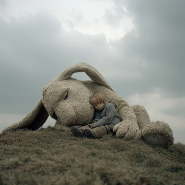 Giant Rabbit and Child Napping on a Hill