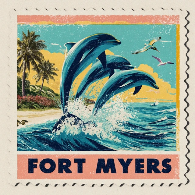 Fort Myers TShirt Design Dolphins in a Retro Postage Stamp