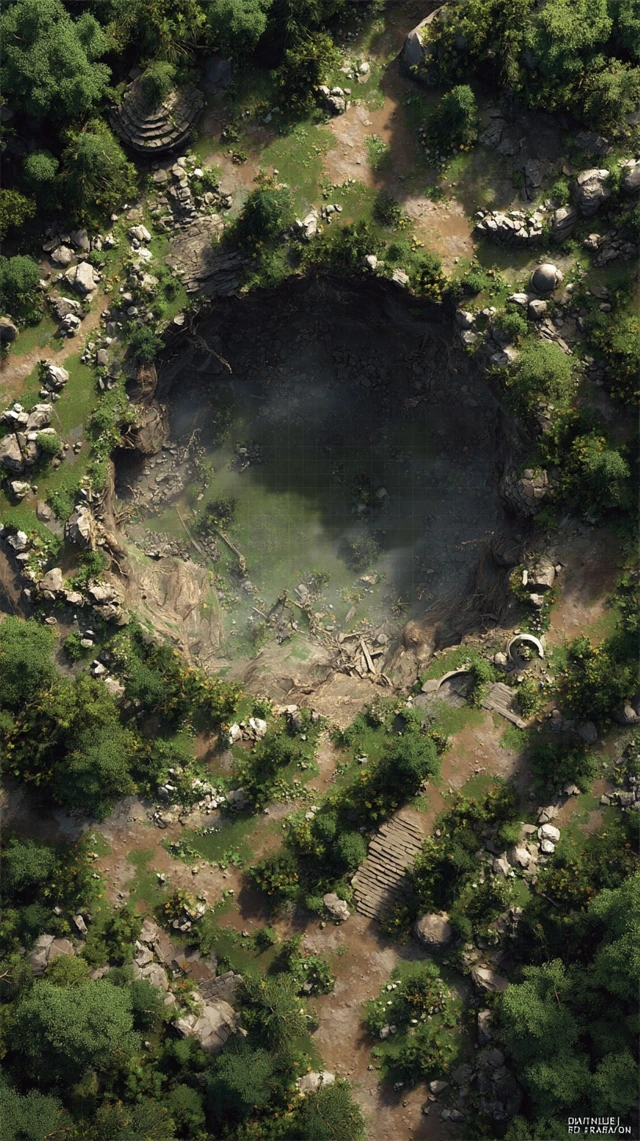 Fantasy RPG Map Crater Forest Ruins Top Down View