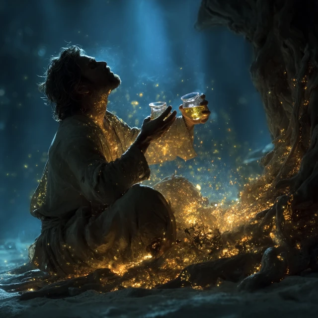 Man Drinking Wine Under Tree with Golden Light