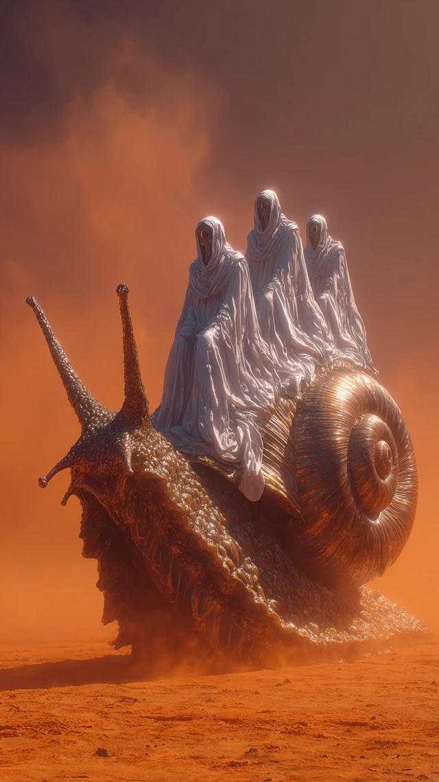 Alien Monks Riding Snail in Desert
