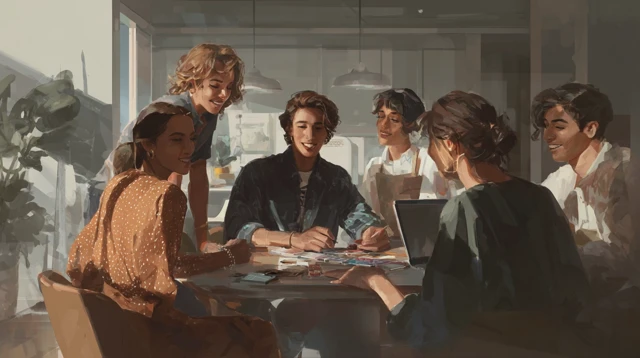 Friends Playing Board Game with AI Subtle Integration