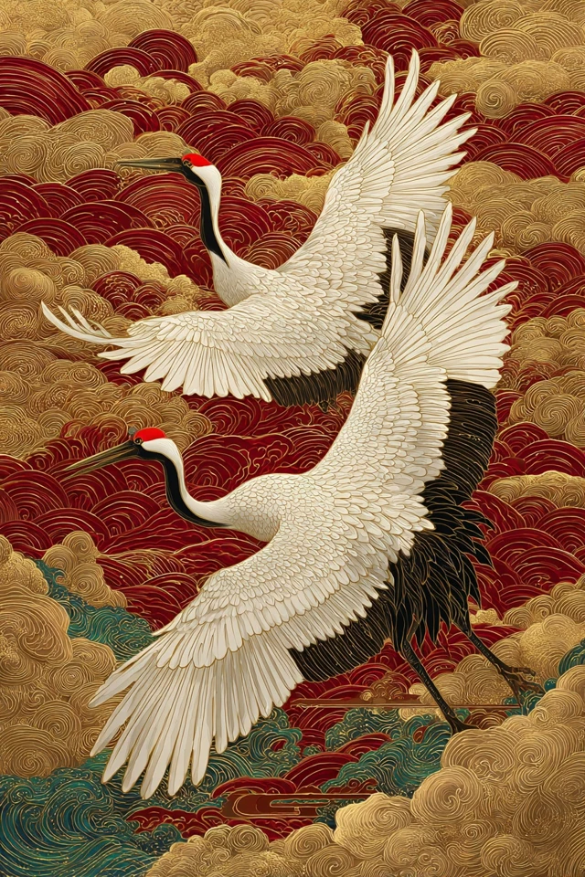 Red Crowned Cranes in Flight Chinese Art
