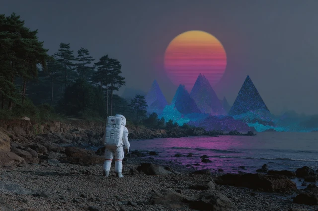 Cyber Astronaut on Alien Beach Conceptual Poster