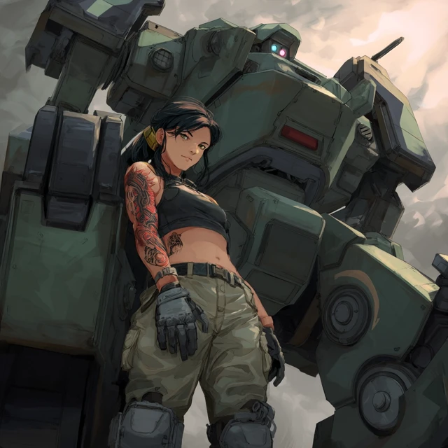 Anime Female Soldier and Mech