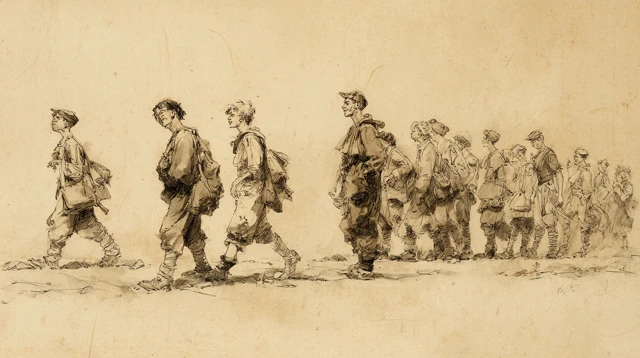 Vintage Sepia Ink Sketch: Young Soldiers Marching to War