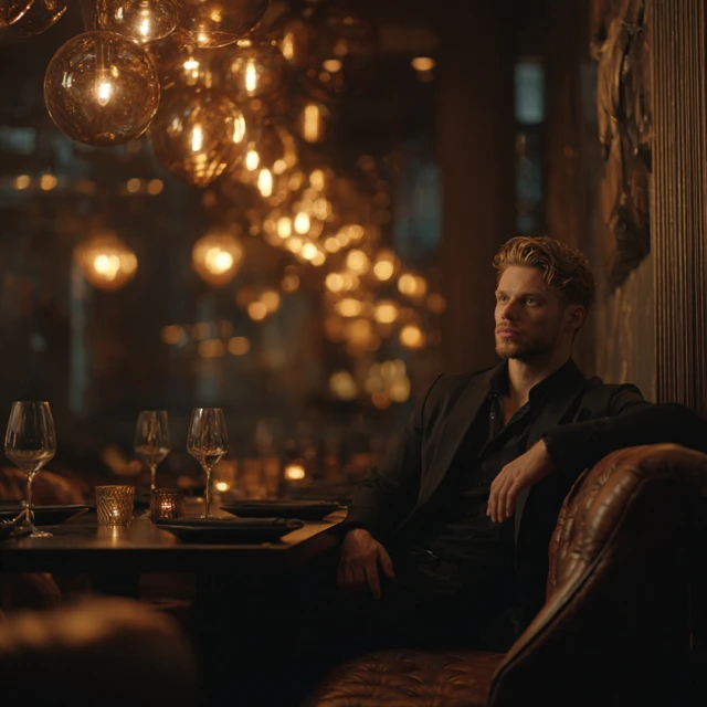 Attractive Man in Black Dining at a High End Restaurant