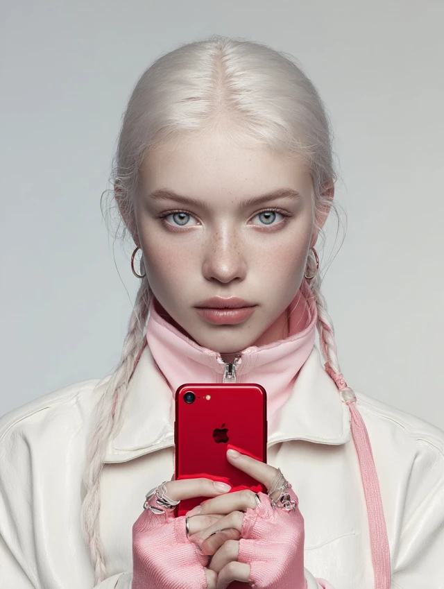 Beauty Model Holding Red iPhone Photorealistic