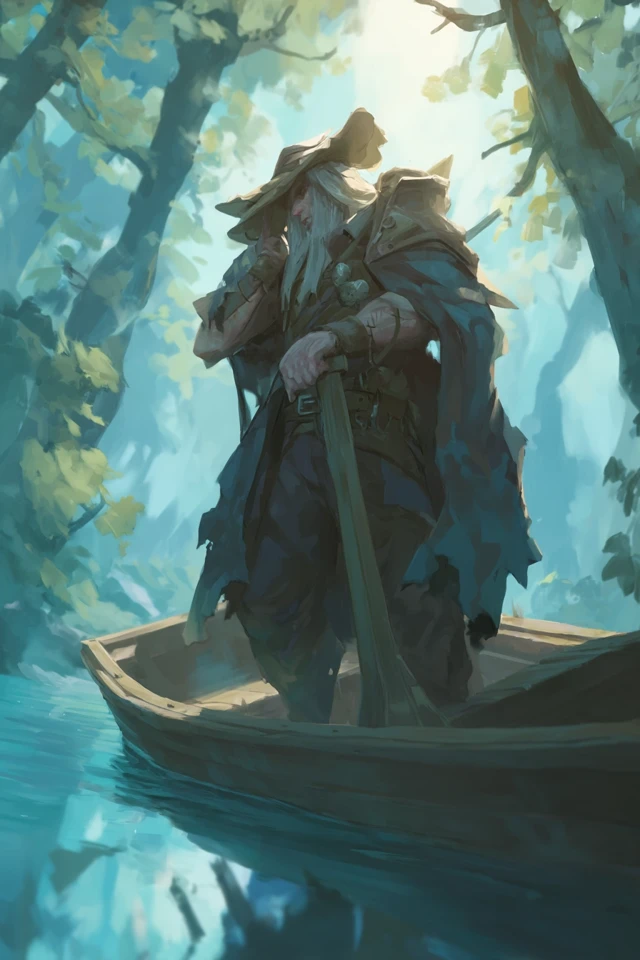 Grizzled Fisherman on Misty Lake Fantasy Art