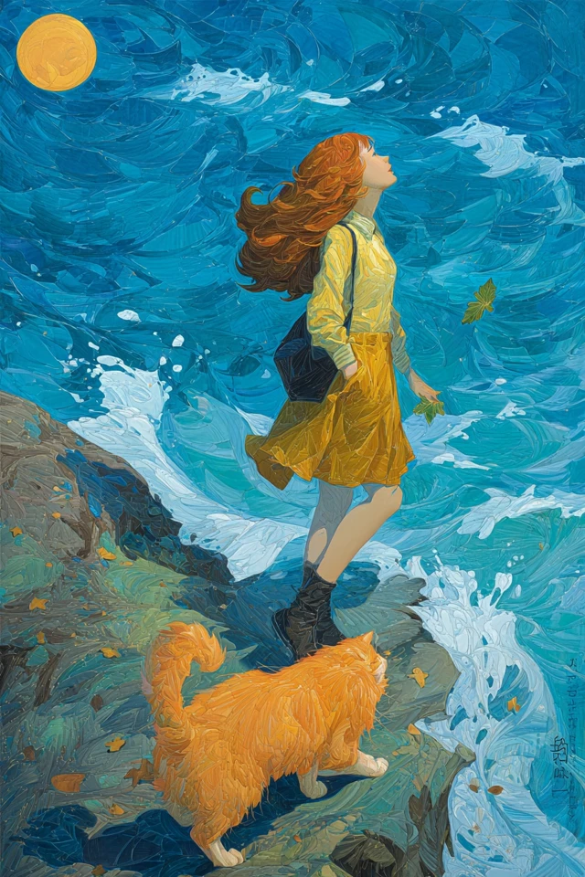Girl and Cat on Cliffside Painting
