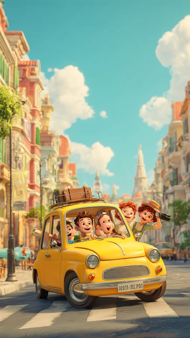 Pixar Style Children in a Yellow Car