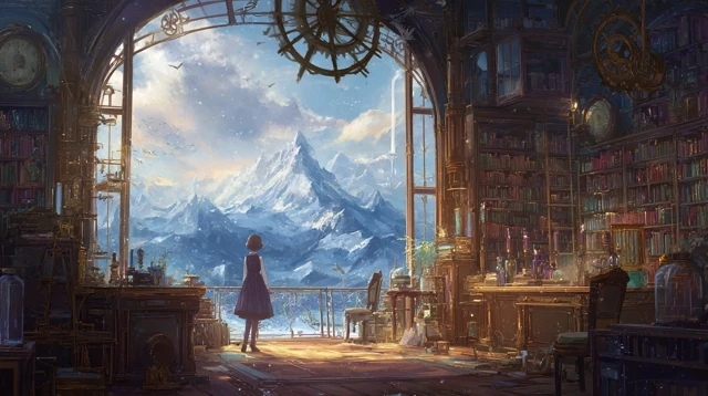 Anime Girl in Steampunk Library Mountain View