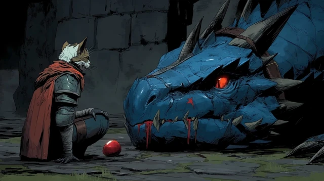 Cat Man Defeats Dragon Dark Fantasy Art