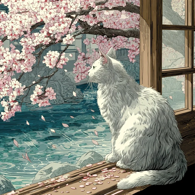 Japanese Woodblock Print Cat and Cherry Blossoms