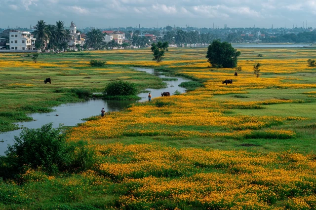 Vietnamese Field with Flowers and Artist Painting