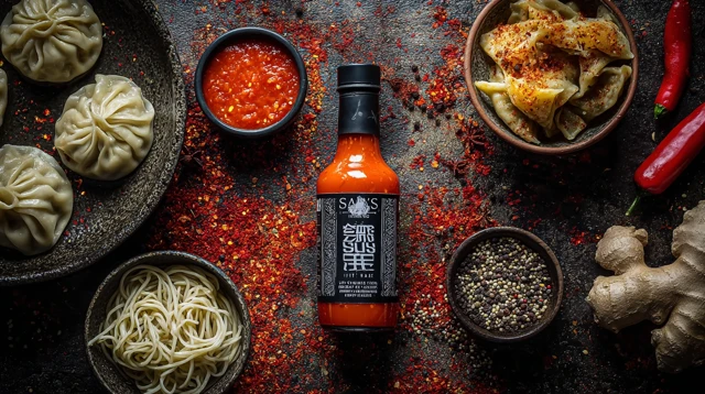 Schezwan Hot Sauce with Noodles and Momos Food Photo