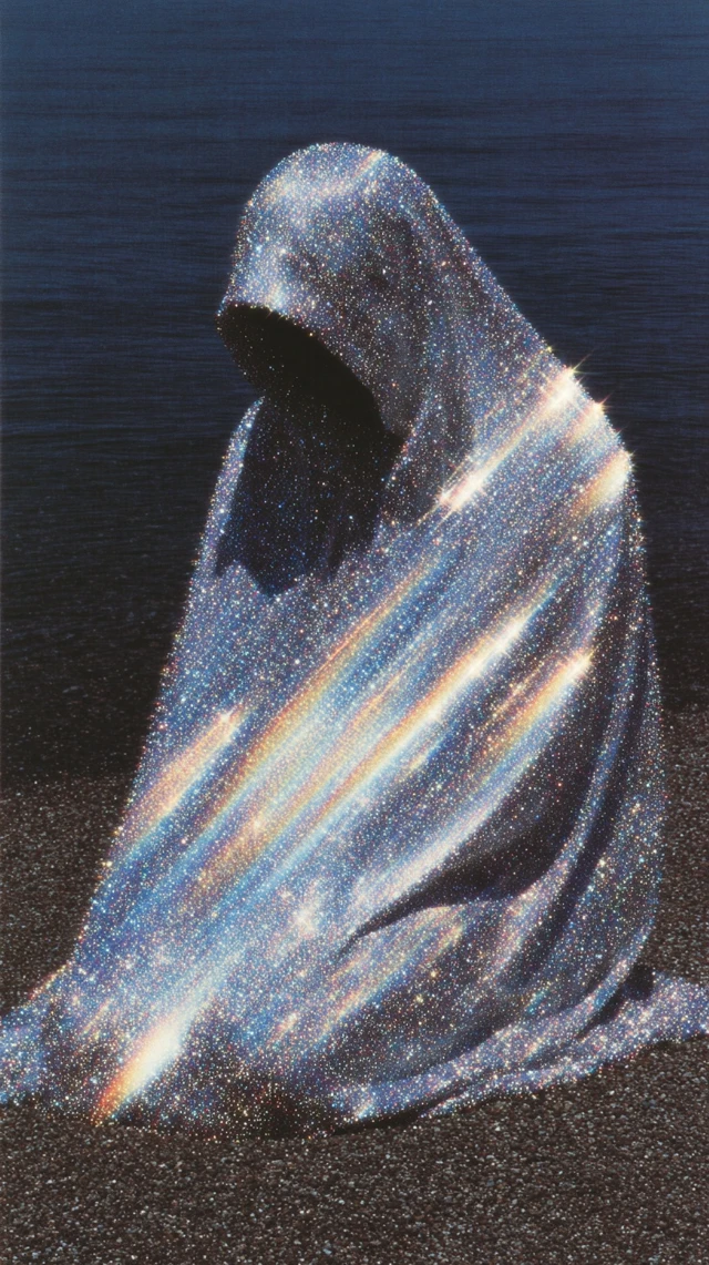 Mysterious Figure in Stardust Veil on Water