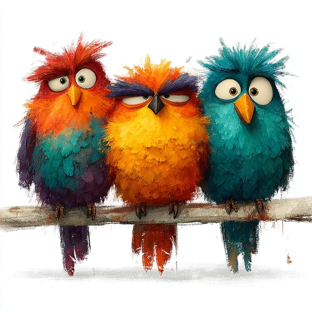 Colorful Cartoon Birds with Goofy Expressions