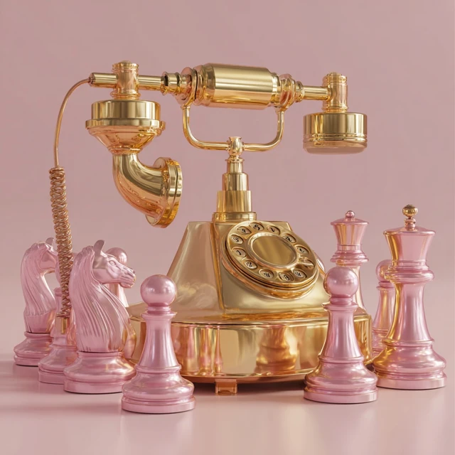 Shiny Gold Telephone and Chess Pieces Graphic