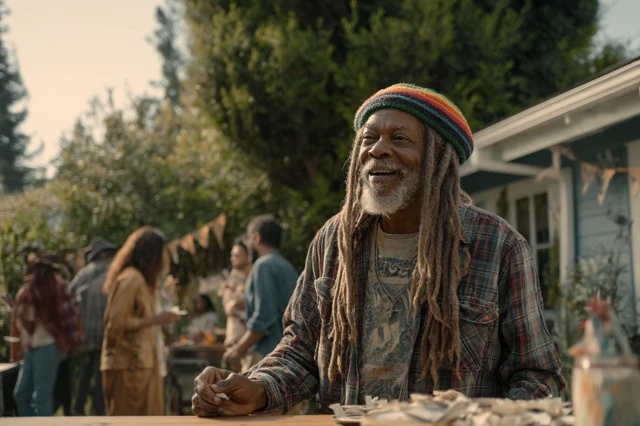 Man with dreadlocks at backyard barbecue scene