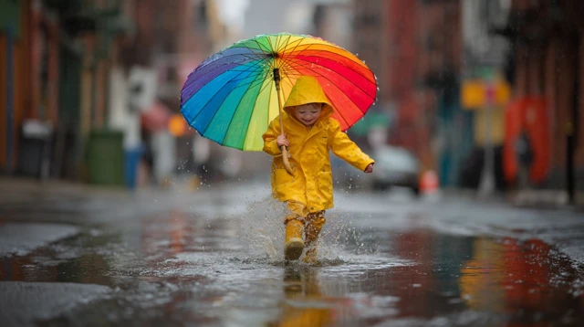 Childs Joyful Puddle Play Rainbow Umbrella Street Photo