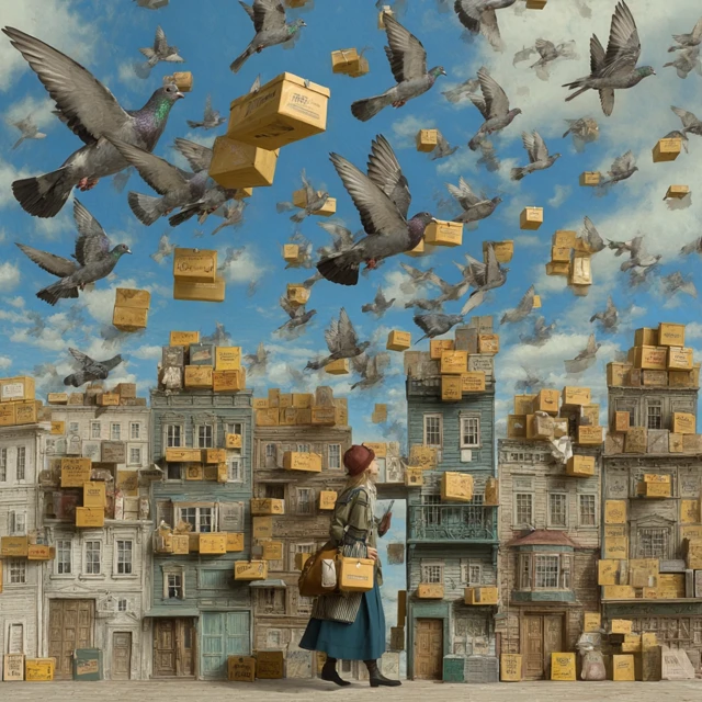 Wes Anderson Inspired Delivery Town with Pigeons