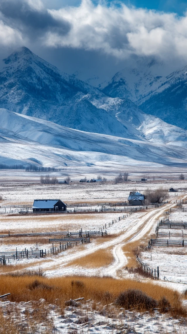 Snowy Field with Ranches and Mountains