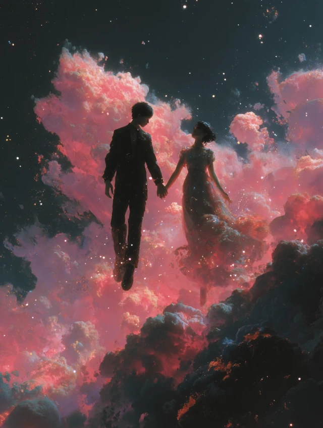 Couple in Space Holding Hands - Minimalist Art